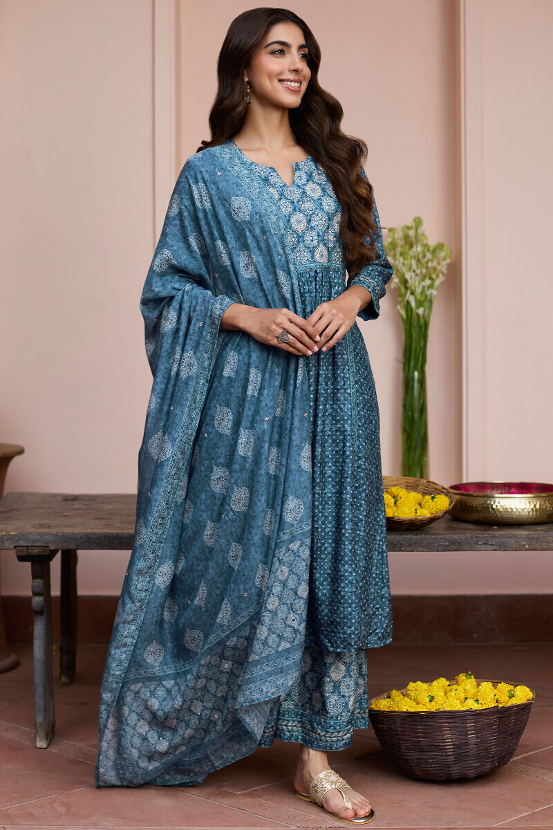 Blue Printed Tabby Check Dupatta