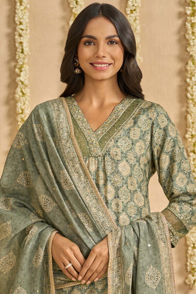 Green Printed Tabby Check Dupatta