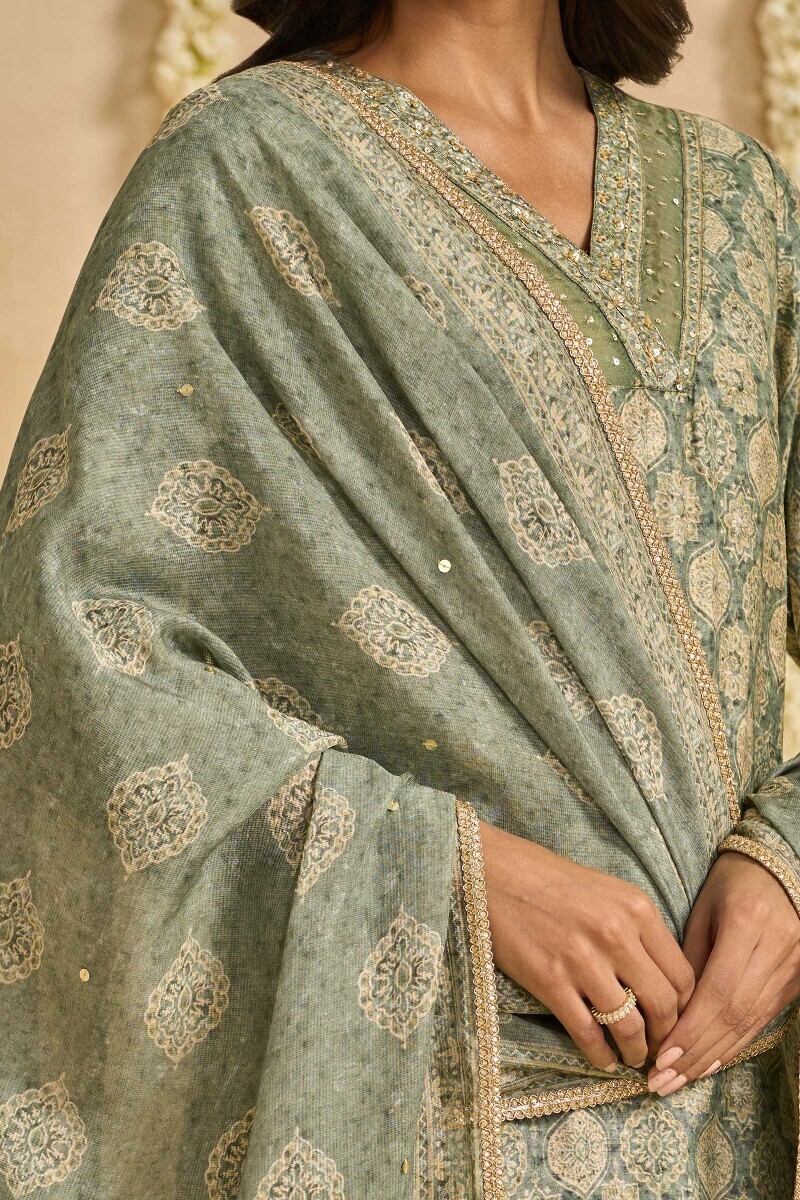 Green Printed Tabby Check Dupatta