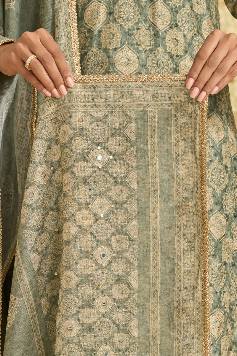 Green Printed Tabby Check Dupatta