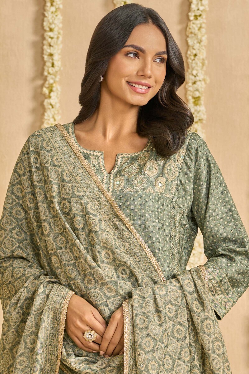 Green Printed Tabby Check Dupatta