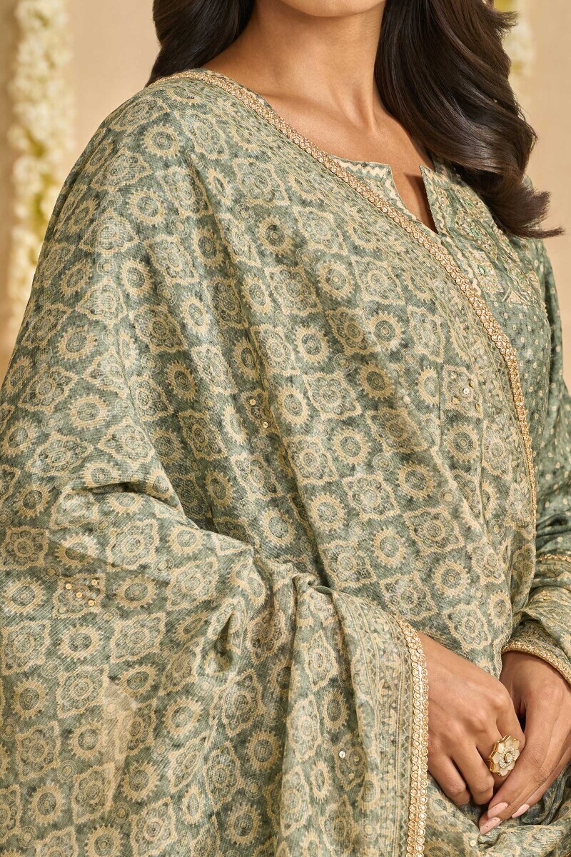 Green Printed Tabby Check Dupatta