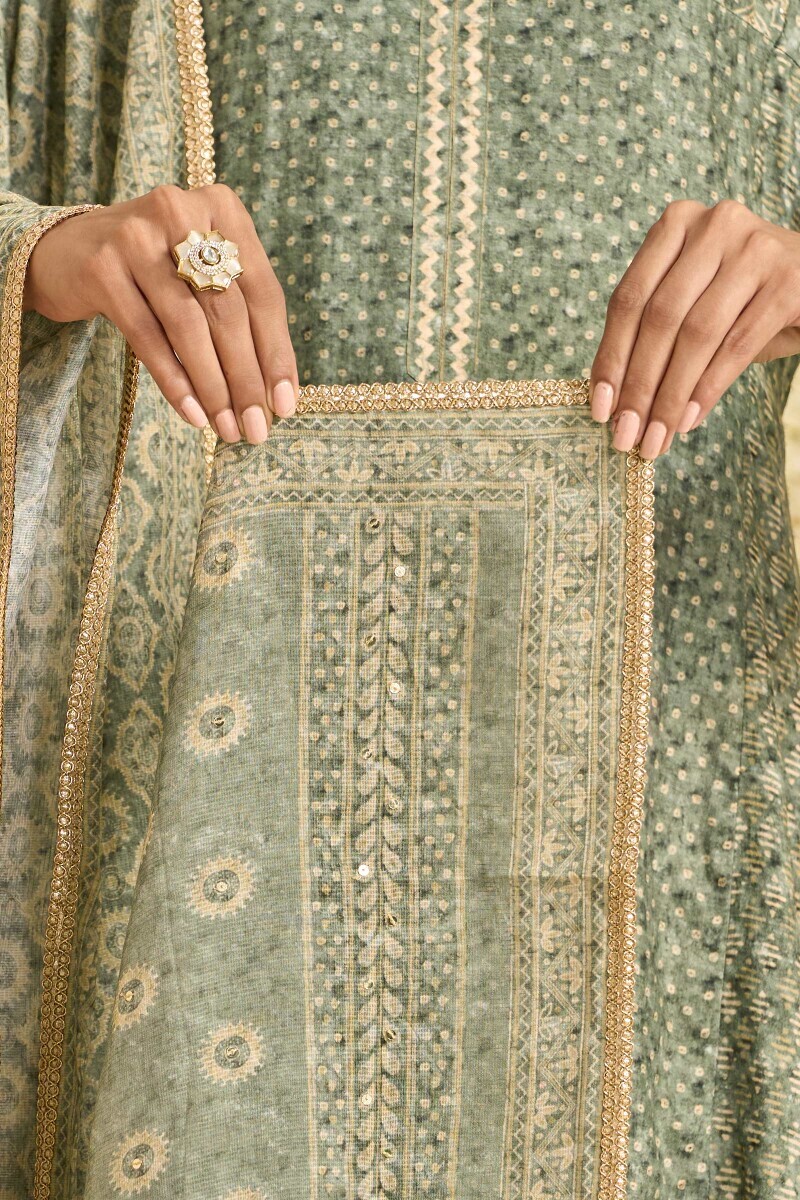 Green Printed Tabby Check Dupatta