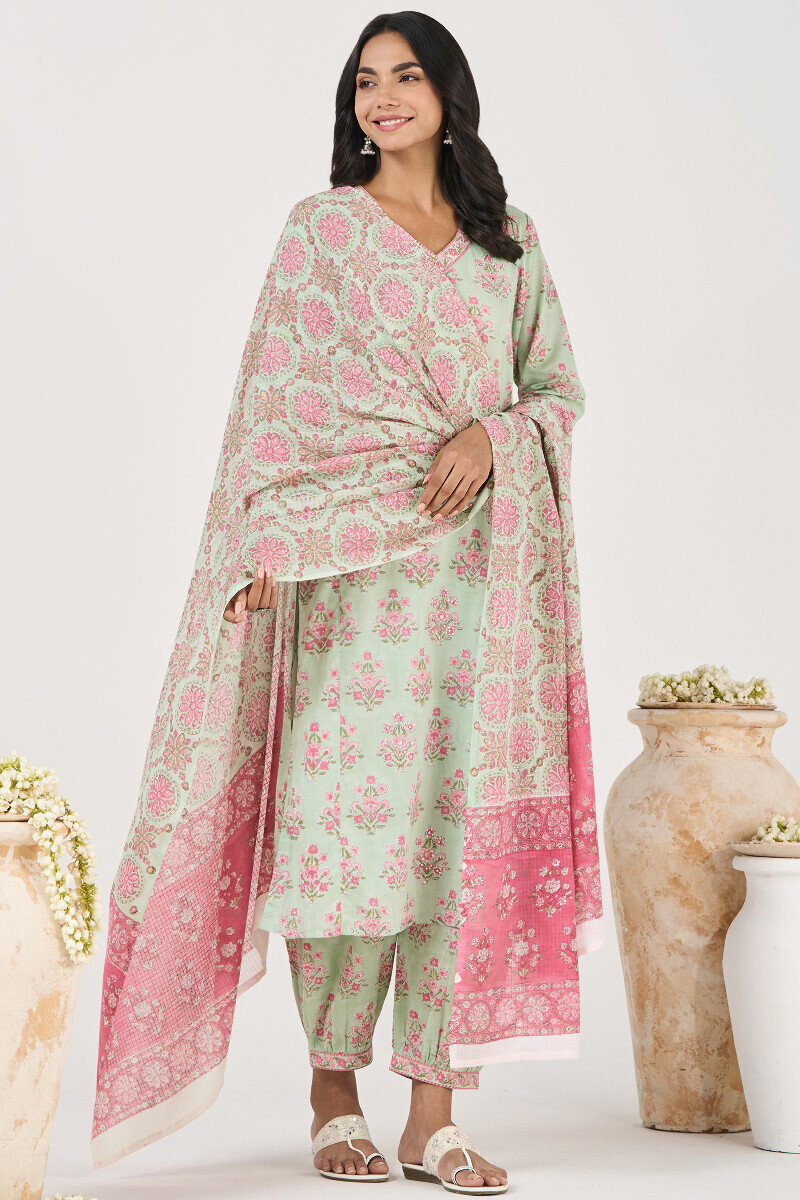 Green Hand Block Printed Kota Dupatta