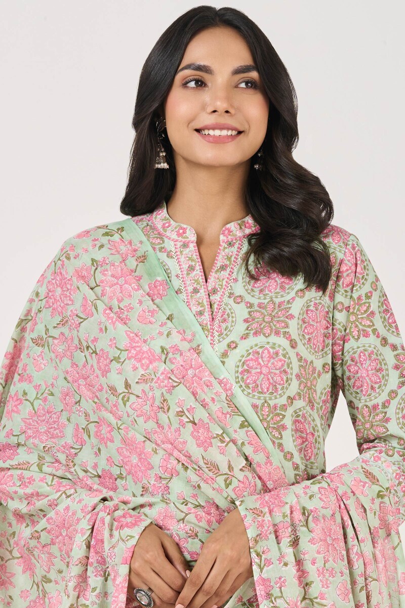 Green Hand Block Printed Cotton Mul Dupatta