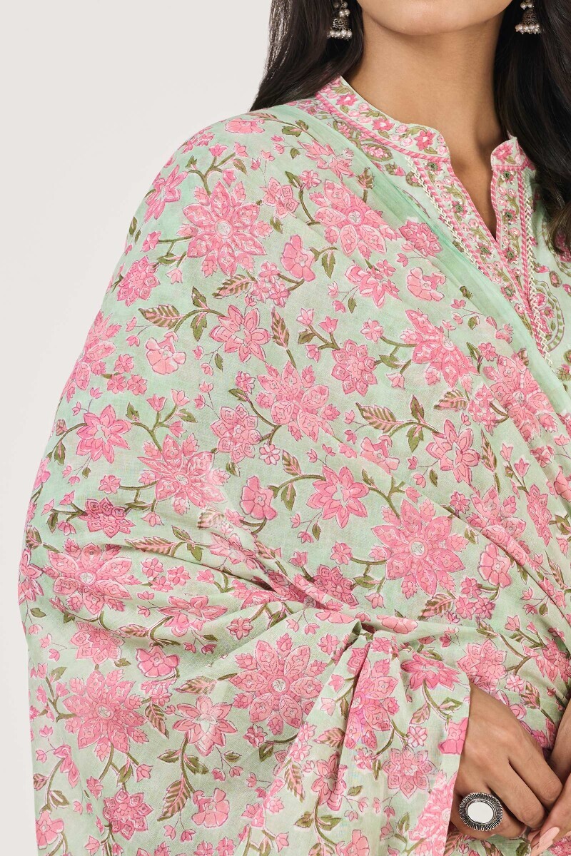 Green Hand Block Printed Cotton Mul Dupatta