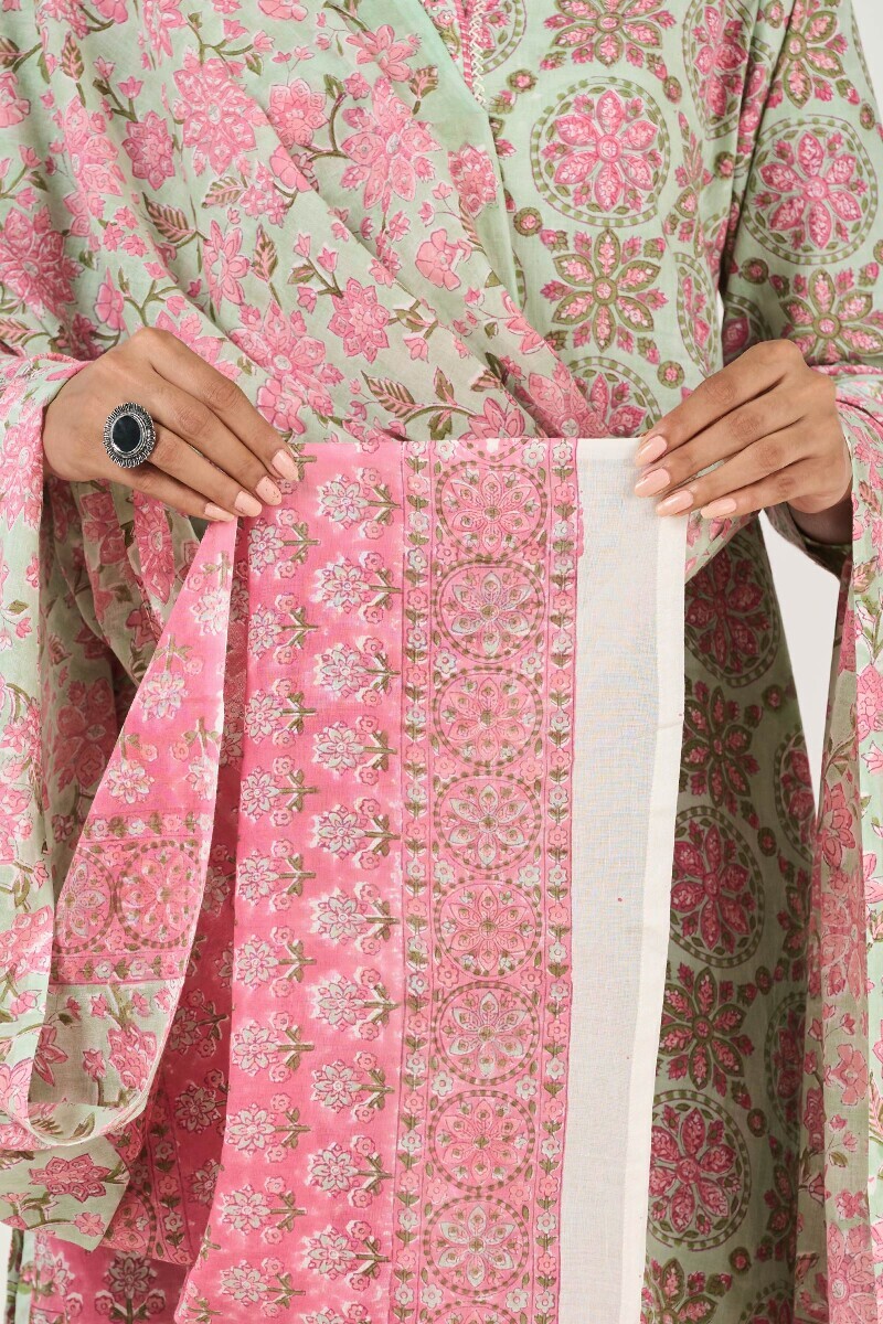 Green Hand Block Printed Cotton Mul Dupatta