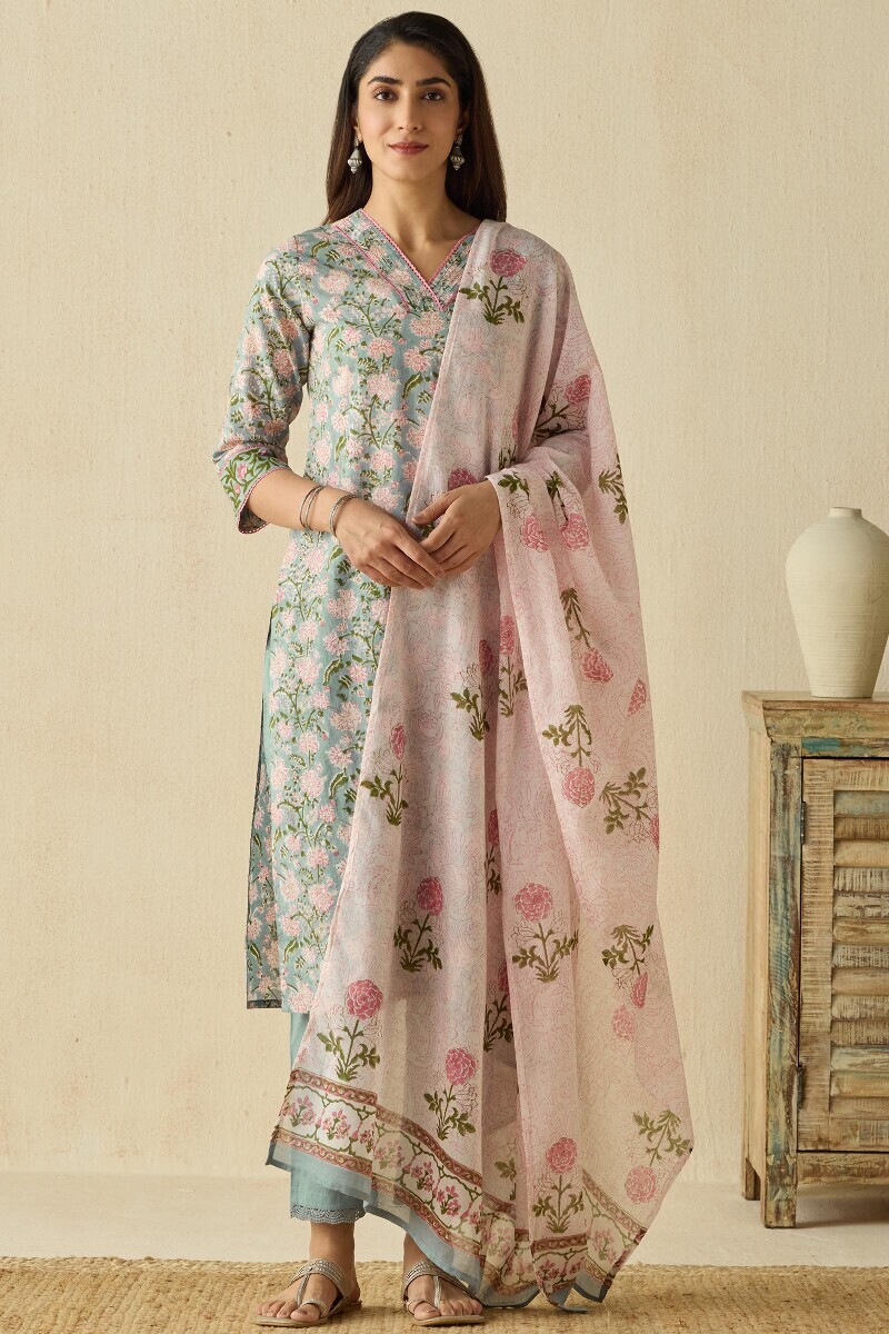 Off-White Hand Block Printed Cotton Mul Dupatta