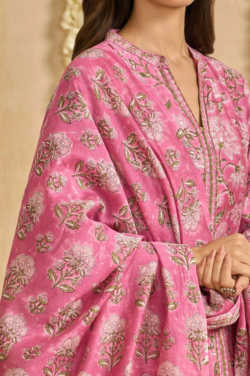 Pink Hand Block Printed Chanderi Dupatta
