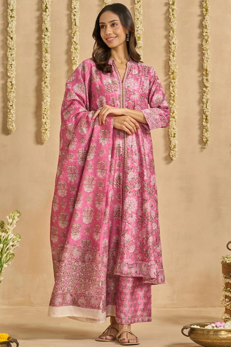 Pink Hand Block Printed Chanderi Dupatta