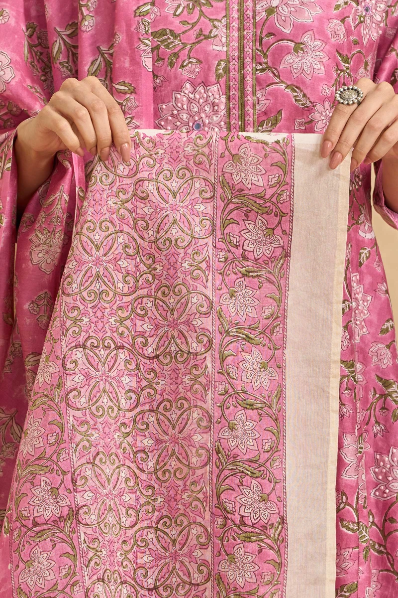 Pink Hand Block Printed Chanderi Dupatta