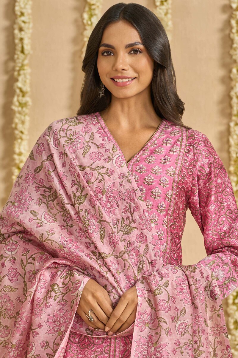 Pink Hand Block Printed Chanderi Dupatta