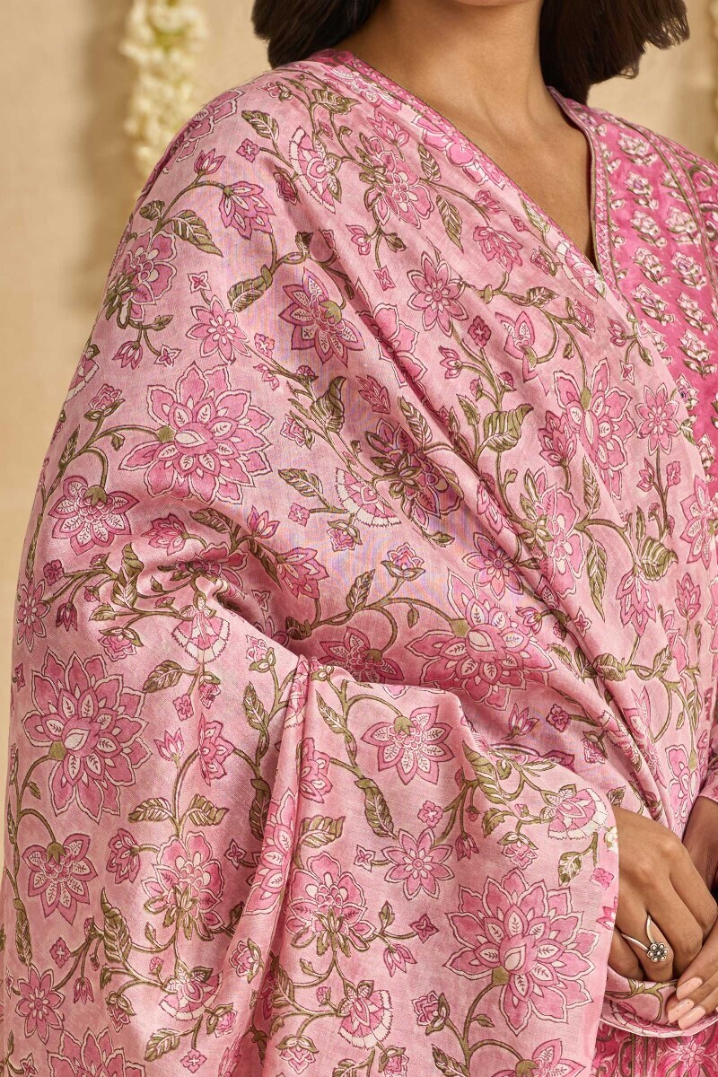 Pink Hand Block Printed Chanderi Dupatta