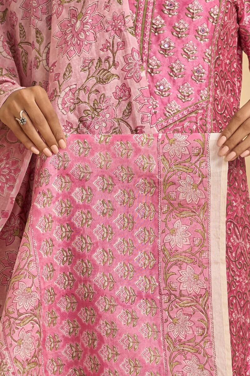 Pink Hand Block Printed Chanderi Dupatta