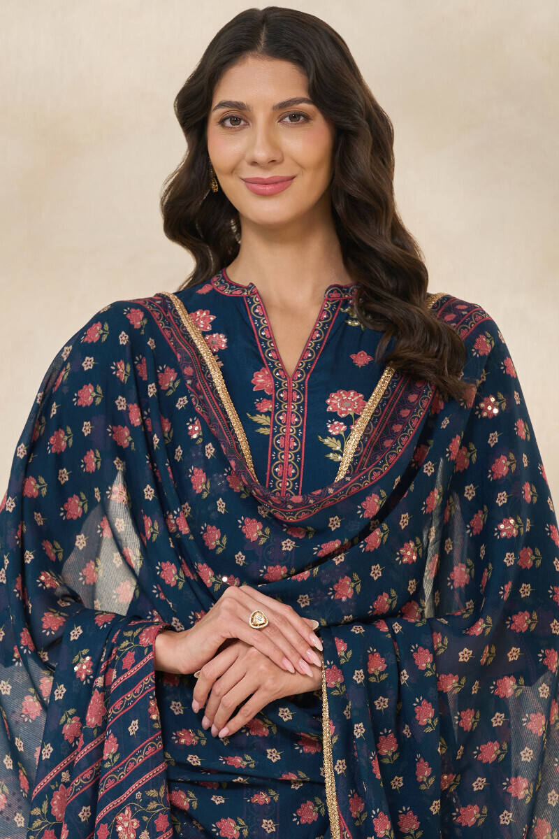 Blue Printed Tabby Check Dupatta