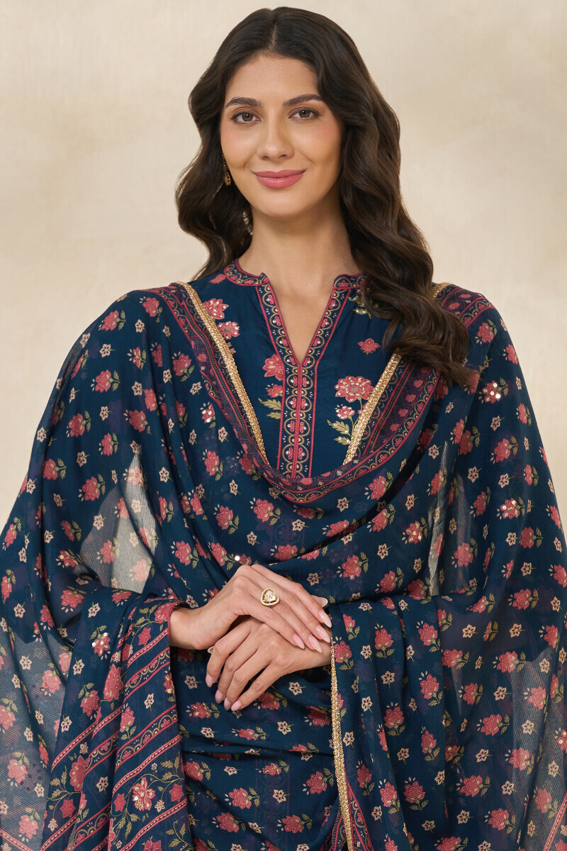 Blue Printed Tabby Check Dupatta