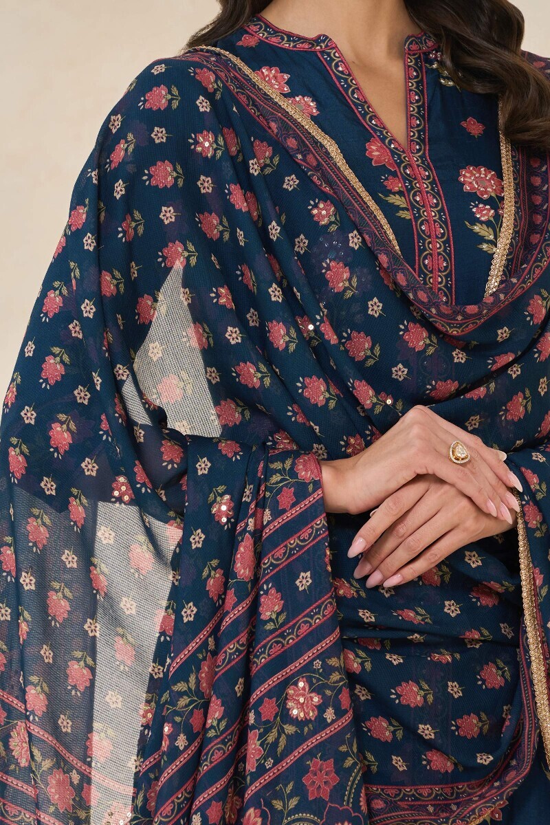Blue Printed Tabby Check Dupatta