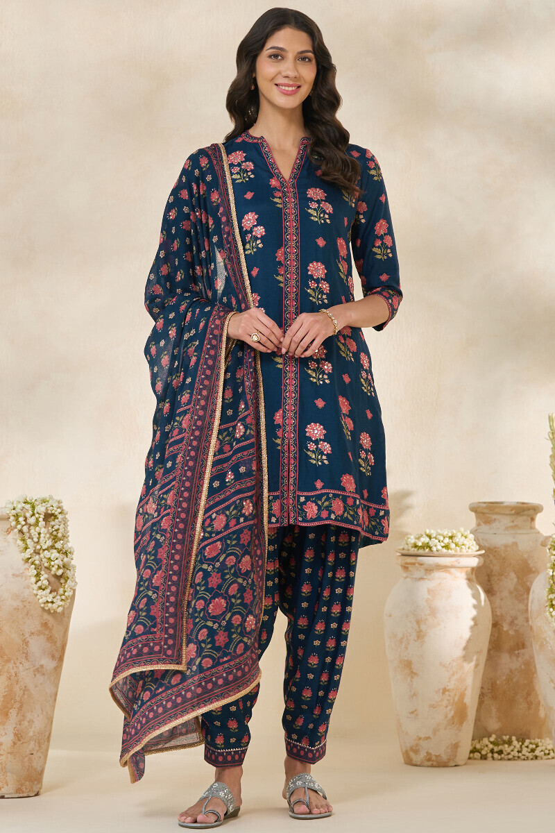 Blue Printed Tabby Check Dupatta