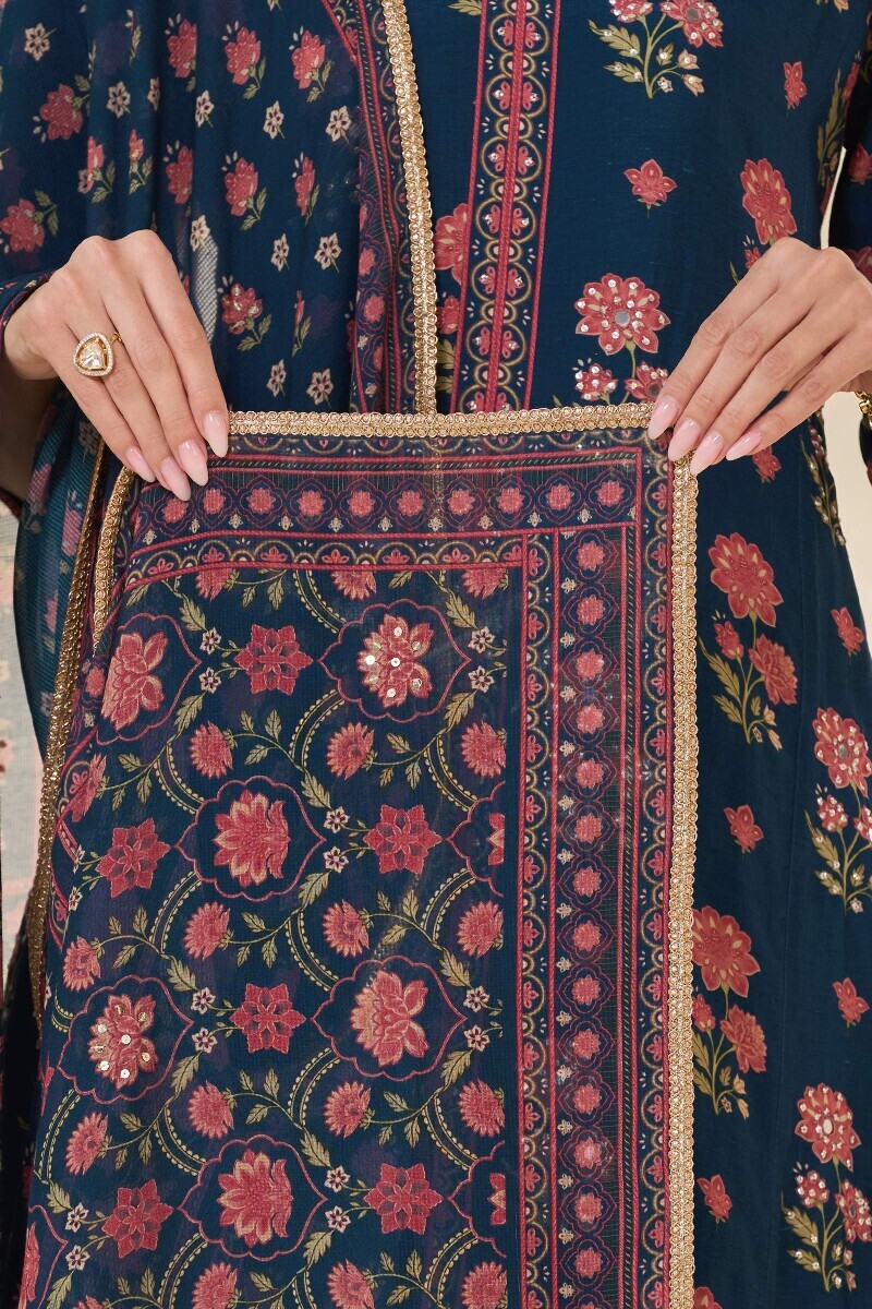Blue Printed Tabby Check Dupatta