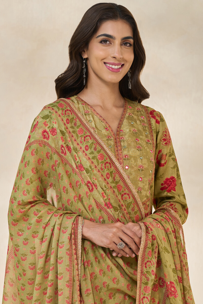 Green Printed Tabby Check Dupatta