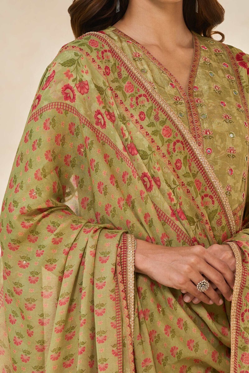 Green Printed Tabby Check Dupatta