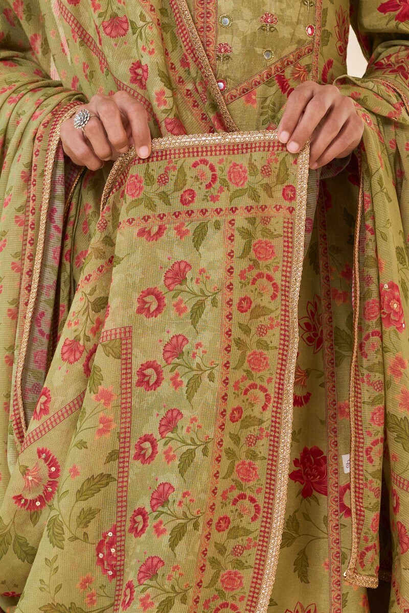Green Printed Tabby Check Dupatta