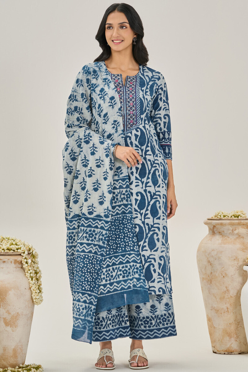 Indigo Hand Block Printed Kota Dupatta
