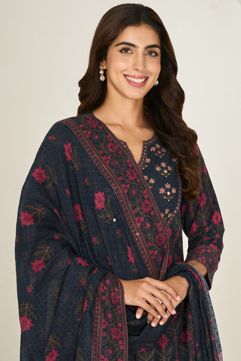 Navy Blue Printed Kota Dupatta