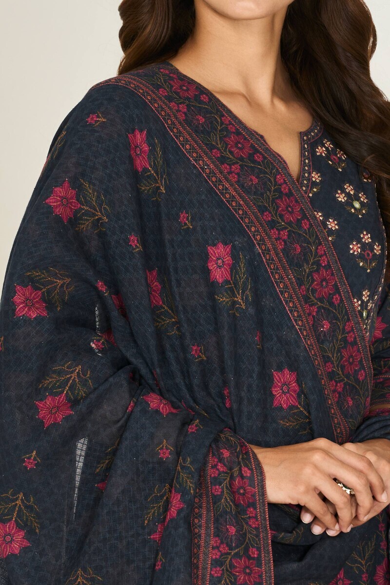 Navy Blue Printed Kota Dupatta