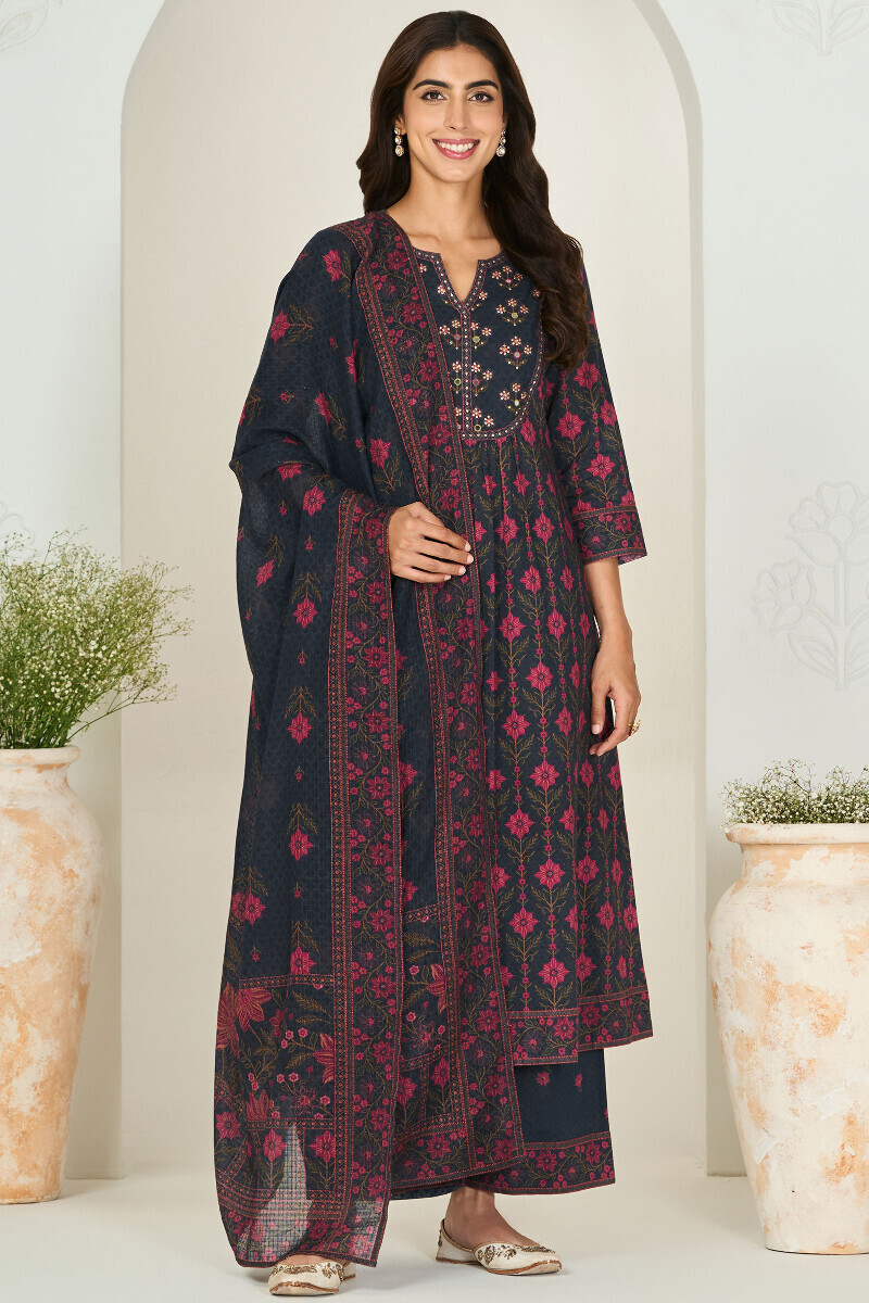 Navy Blue Printed Kota Dupatta