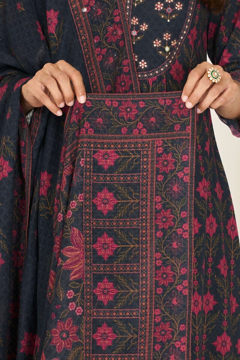 Navy Blue Printed Kota Dupatta