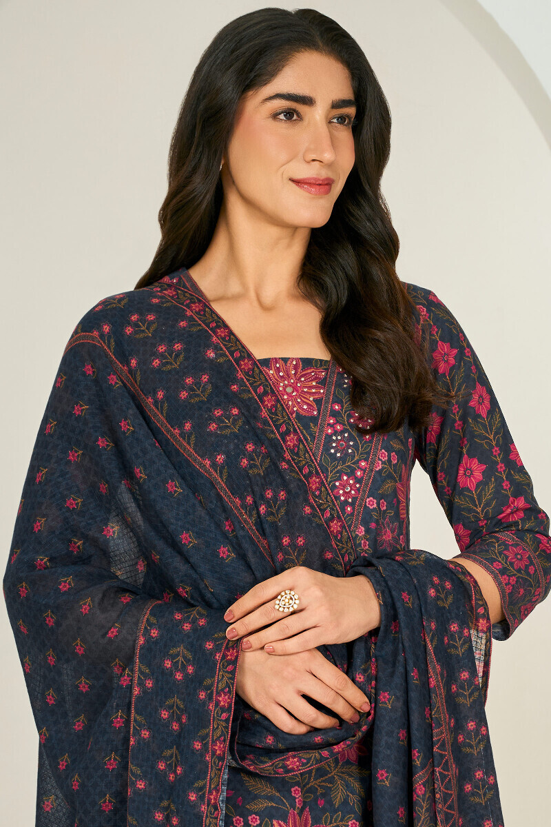 Navy Blue Printed Kota Dupatta