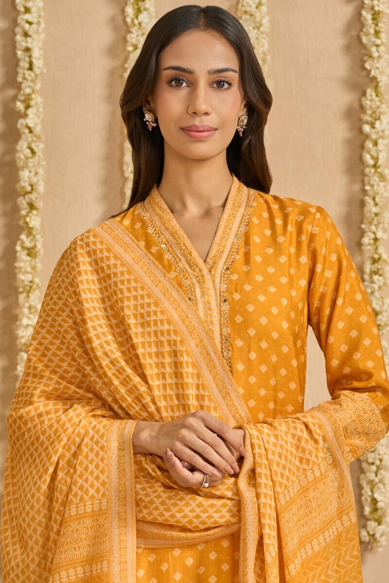 Yellow Printed Tabby Check Dupatta
