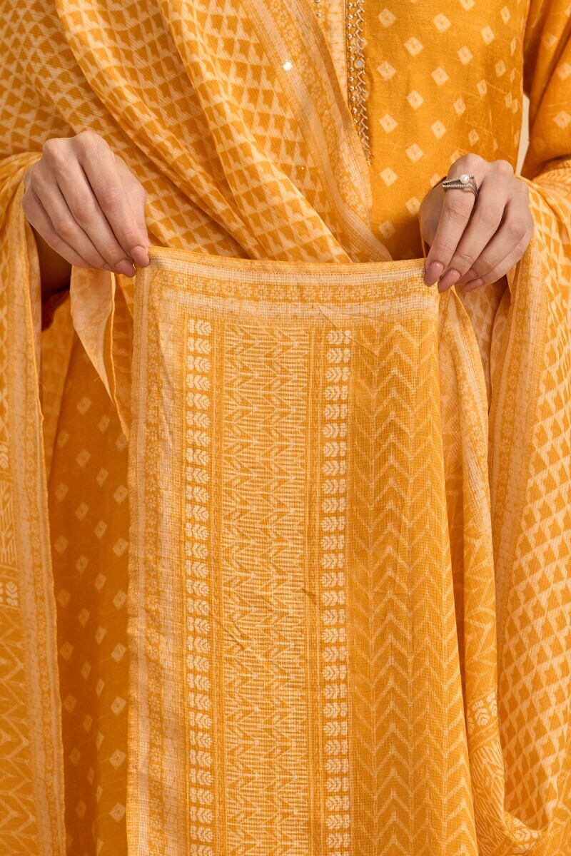 Yellow Printed Tabby Check Dupatta