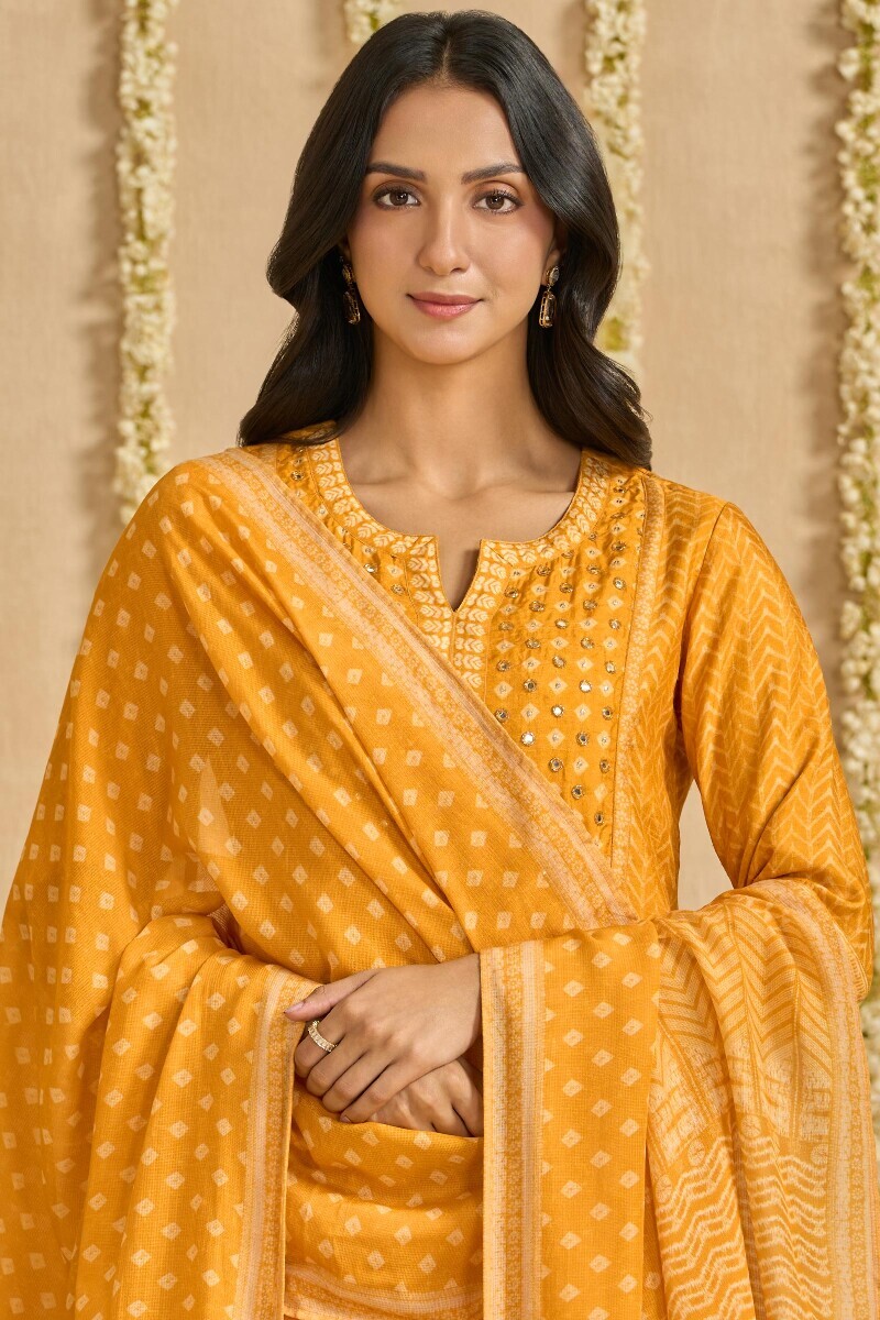Yellow Printed Tabby Check Dupatta