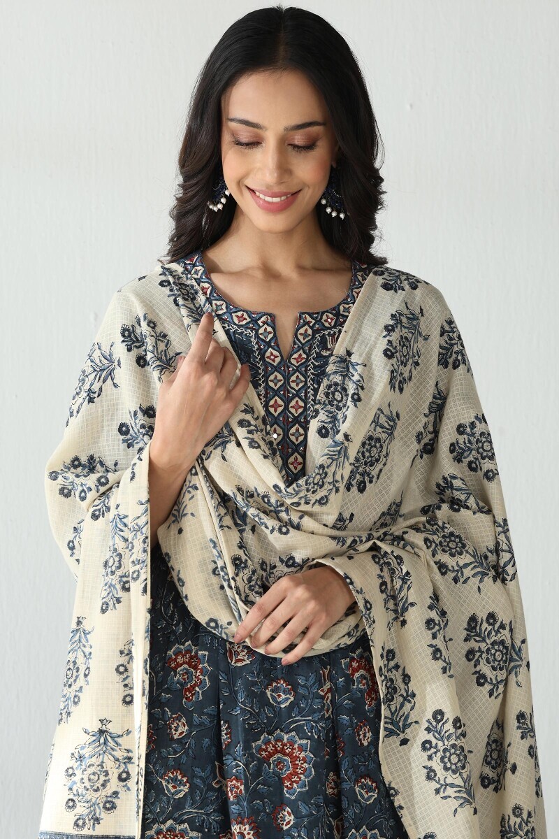 Beige Hand Block Printed Kota Dupatta
