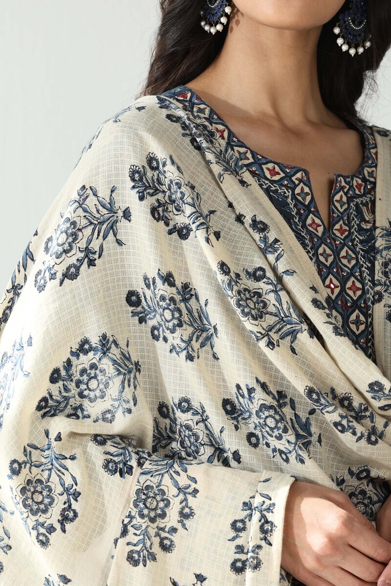 Beige Hand Block Printed Kota Dupatta