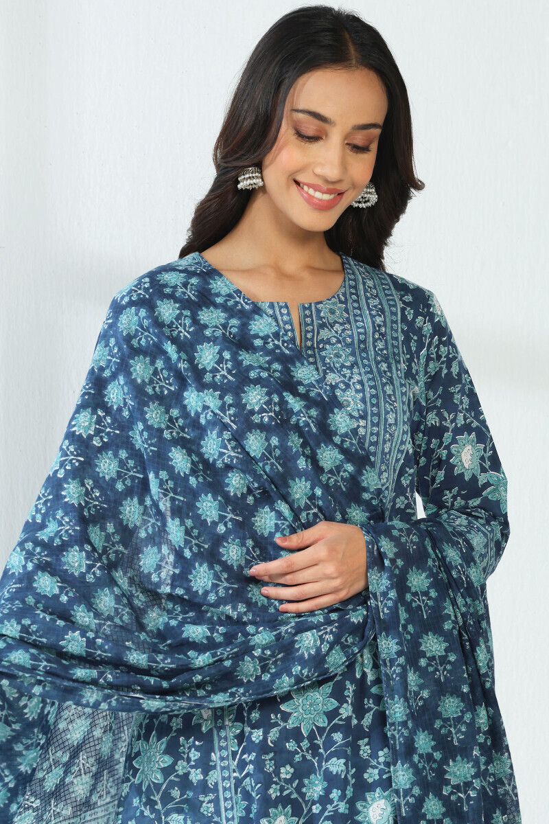 Blue Hand Block Printed Kota Dupatta