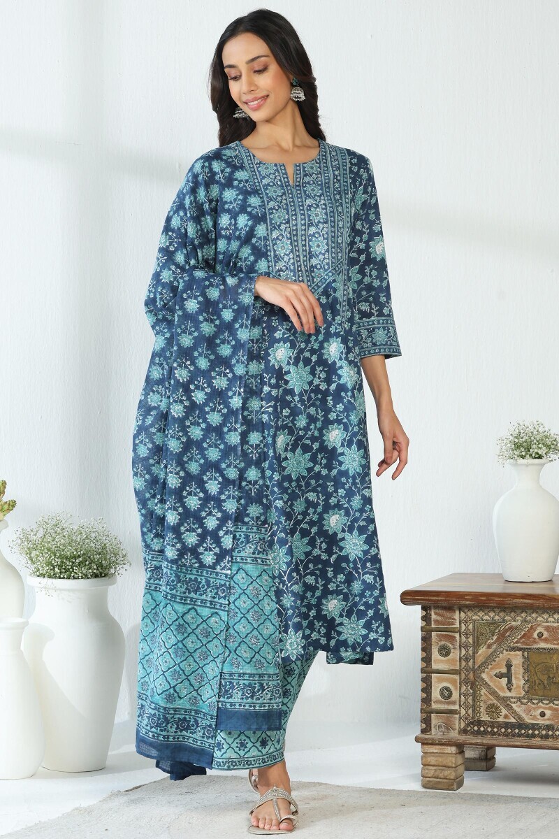 Blue Hand Block Printed Kota Dupatta