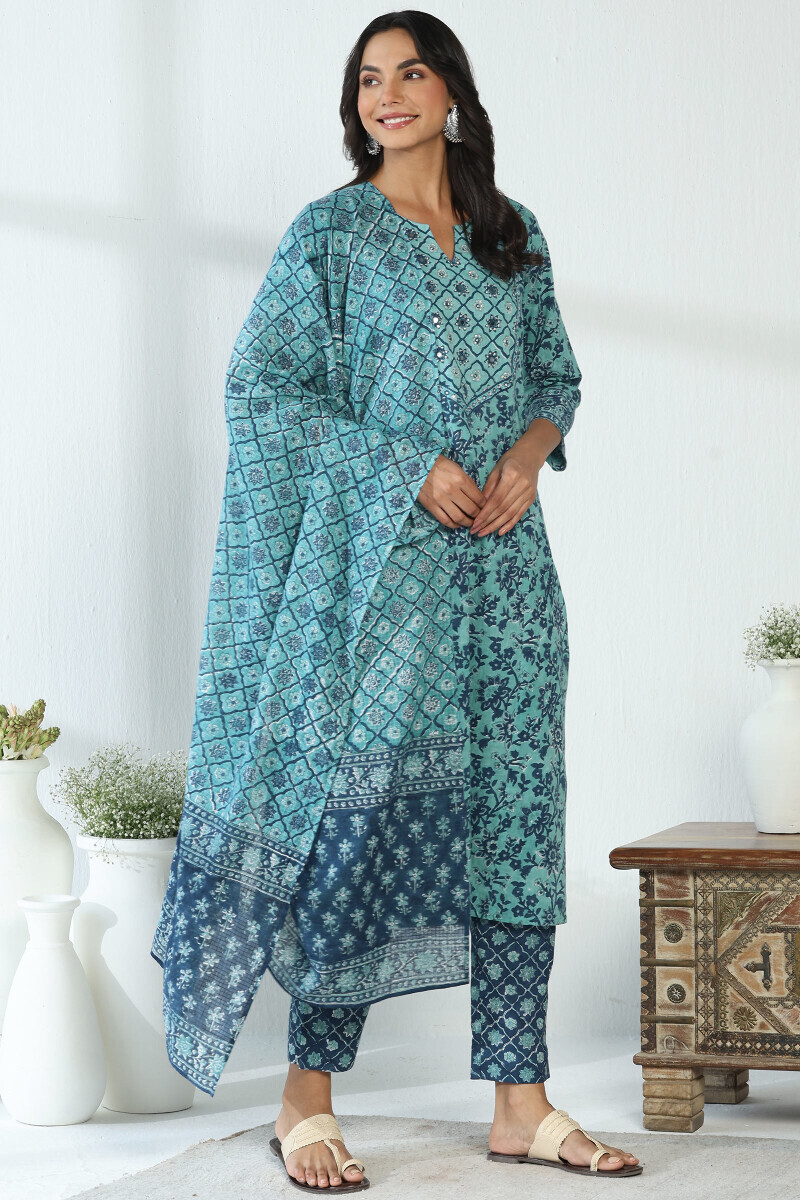 Blue Hand Block Printed Kota Dupatta