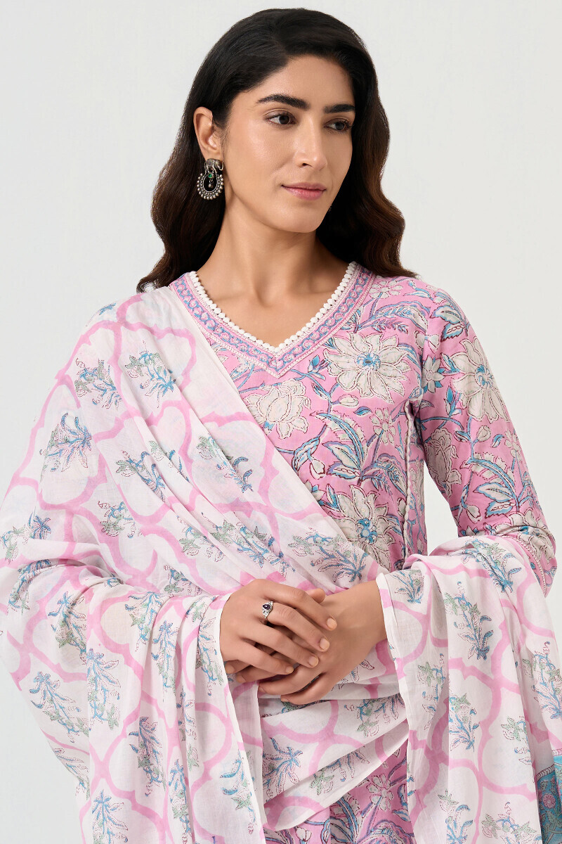 White Hand Block Printed Cotton Mul Dupatta