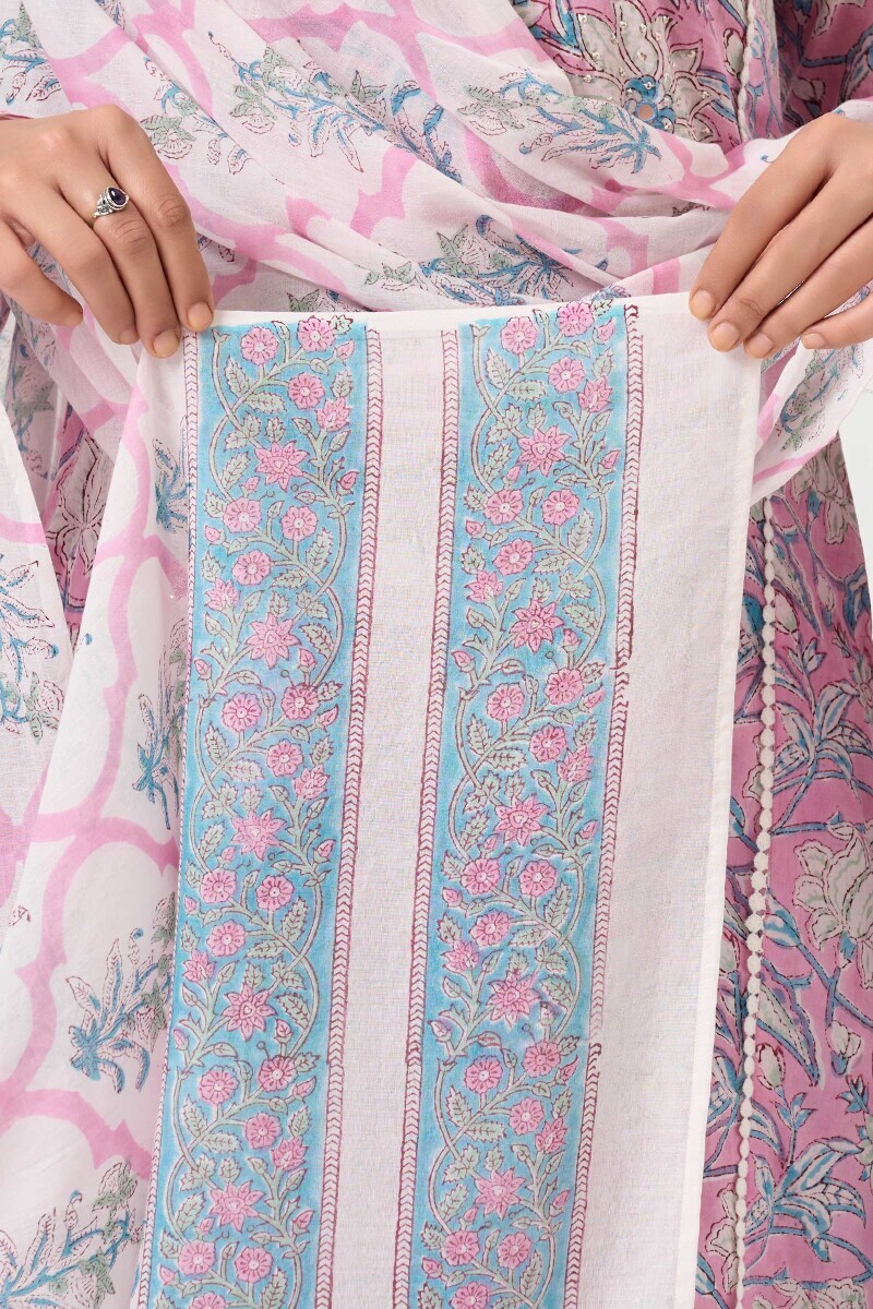 White Hand Block Printed Cotton Mul Dupatta