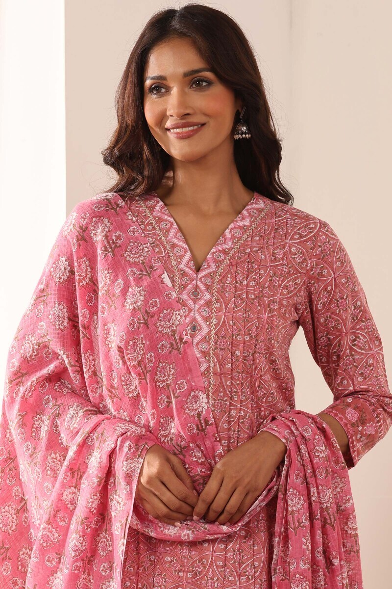 Pink Hand Block Printed Kota Dupatta
