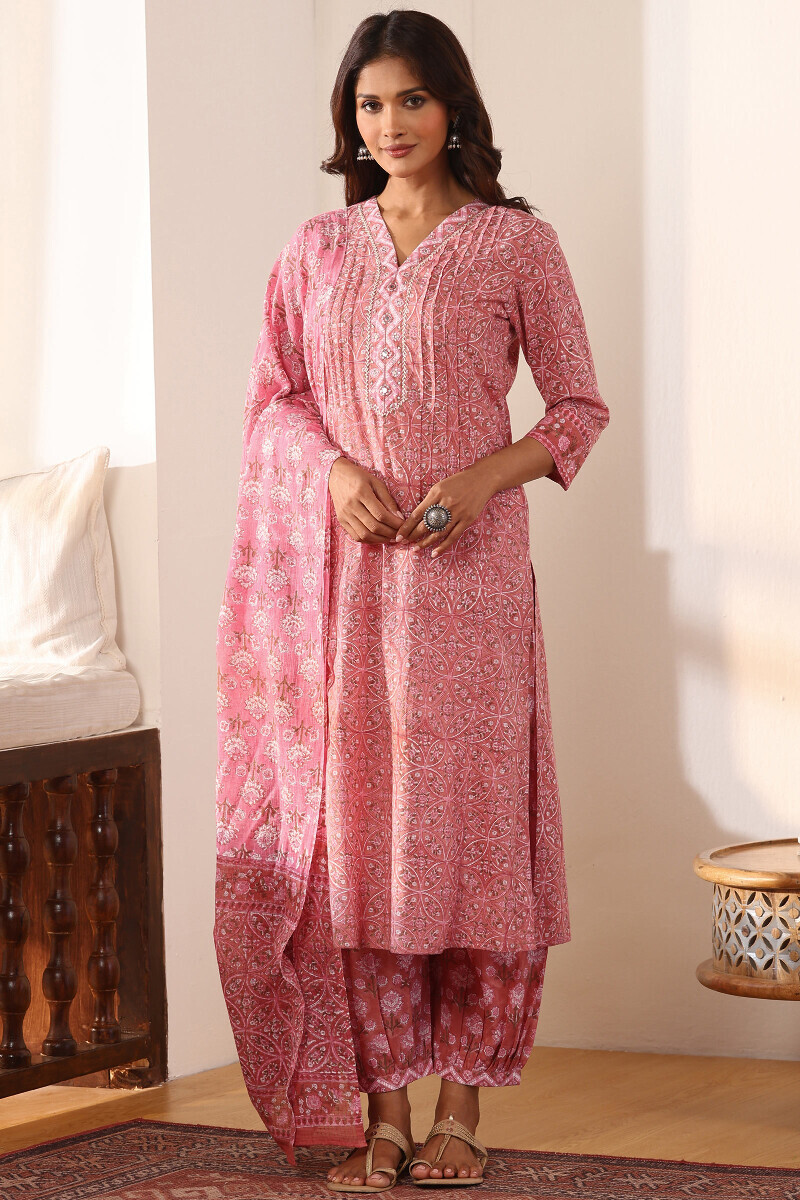 Pink Hand Block Printed Kota Dupatta