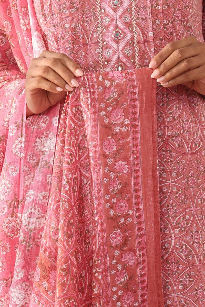 Pink Hand Block Printed Kota Dupatta
