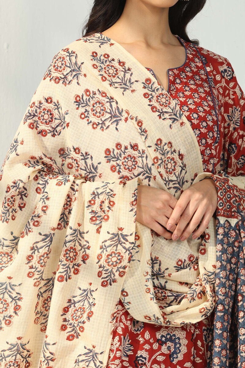 Beige Hand Block Printed Kota Dupatta