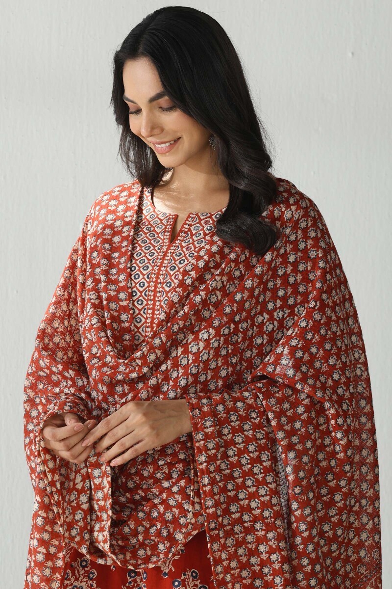 Red Hand Block Printed Kota Dupatta
