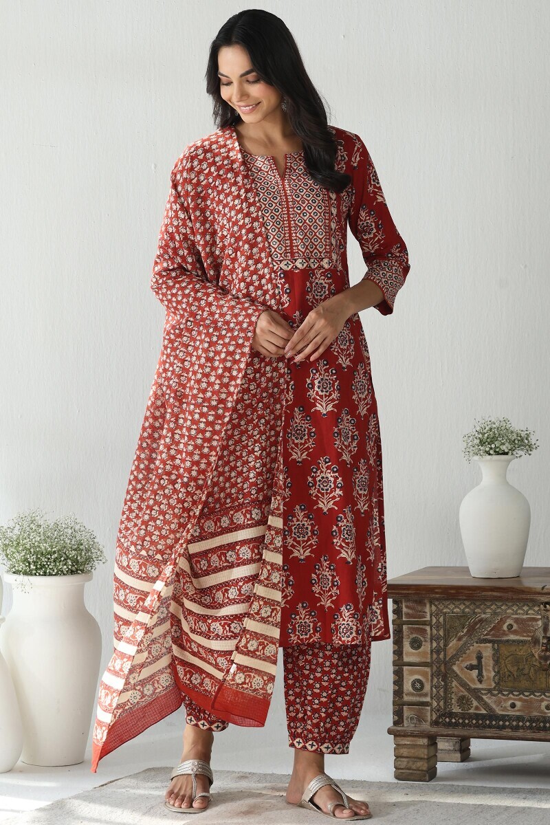 Red Hand Block Printed Kota Dupatta