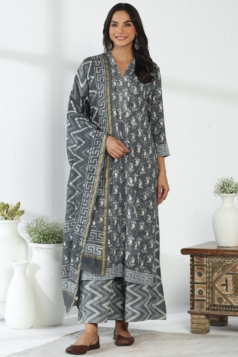 Grey Hand Block Printed Chanderi Dupatta