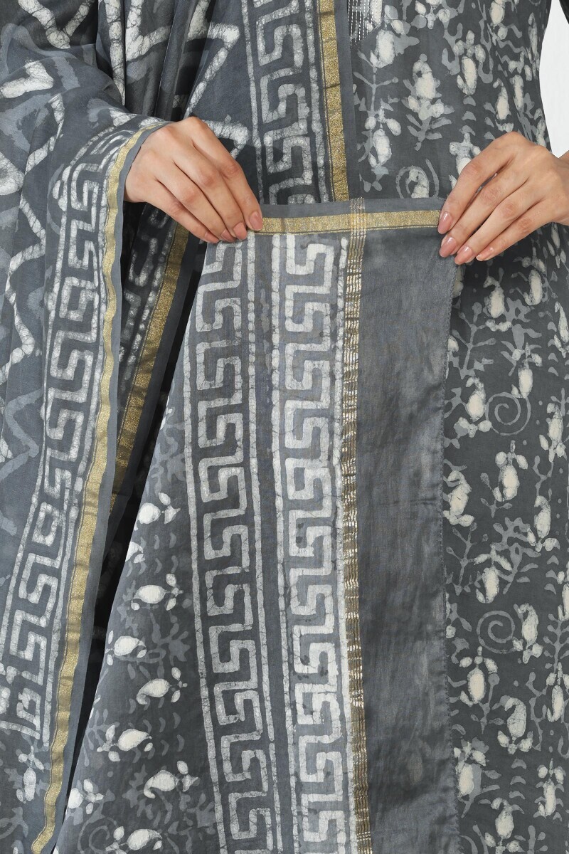 Grey Hand Block Printed Chanderi Dupatta